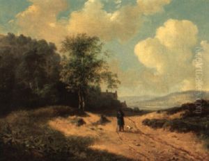 A Summer Landscape With A Man And His Dog On A Path by Andreas Schelfhout