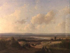 Countryfolk Resting On A Path In Extensive River Landscape by Andreas Schelfhout