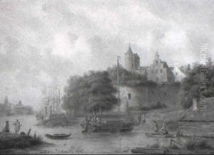 Niederlandische Stadt Mit Alter Stadtmauer Und Wehrturm by Andreas Schelfhout