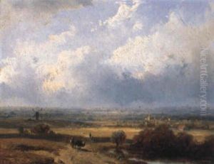 An Extensive River Landscape With Travellers On A Sandy Path