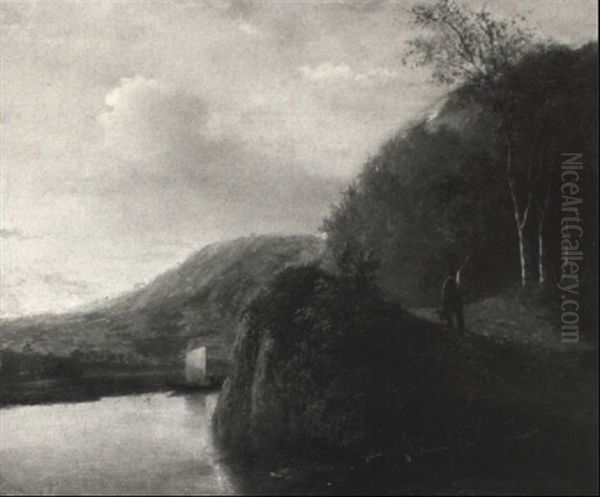 Hilly River Landscape With A Traveller On A Sandy Path - view 1