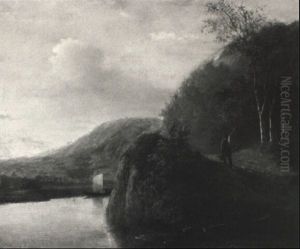 Hilly River Landscape With A Traveller On A Sandy Path