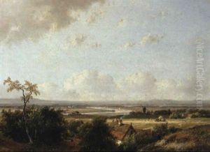 Extensive River Landscape With Peasants Harvesting by Andreas Schelfhout
