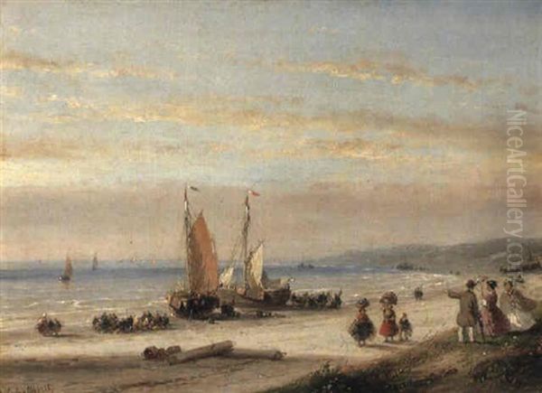 Fishermen And Anchored Sailing Vessels On A Beach - view 1