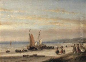 Fishermen And Anchored Sailing Vessels On A Beach by Andreas Schelfhout