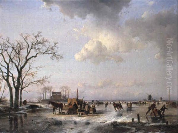 A Winter Landscape With Peasants And Skaters On Frozen Waterway - view 1