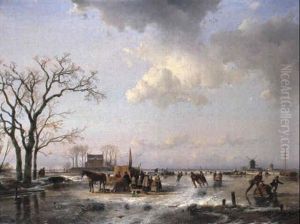 A Winter Landscape With Peasants And Skaters On Frozen Waterway by Andreas Schelfhout