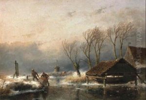 A Winter Landscape With Peasants Pushing A Sledge