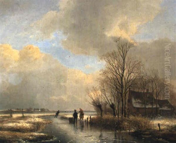 Winter Landscape With Skaters On A Frozen Ditch - view 1