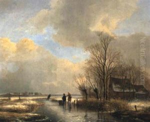 Winter Landscape With Skaters On A Frozen Ditch by Andreas Schelfhout