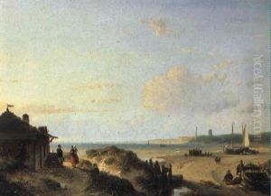 Fisherfolk On The Shore On A Sunny Day by Andreas Schelfhout