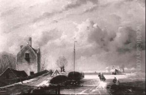 Winter Landscape With Skaters On A Frozen River