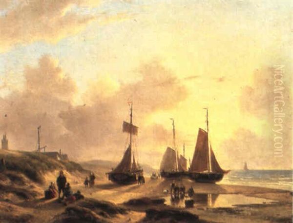 A Coastal Scene With Fisherfolk And Beached 'bomschuiten' - view 1