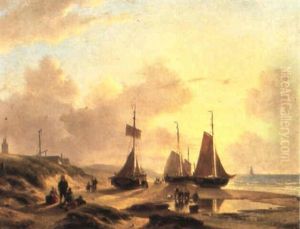A Coastal Scene With Fisherfolk And Beached 'bomschuiten' by Andreas Schelfhout