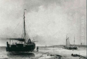 Beached Fishing-smacks by Andreas Schelfhout