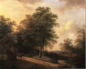 Figures Before A Cottage In An Extensive Wooded Landscape by Andreas Schelfhout