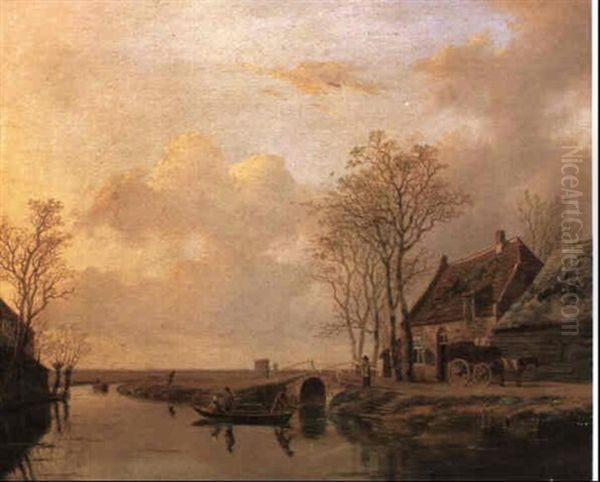 An Extensive River Landscape With Figures In A Boat And Horse And Cart - view 1