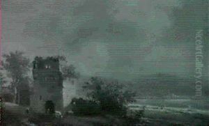 Hugellandschaft Mit Hirten Bei Einer Burgruine Vorn Auf Der Anhohe by Andreas Schelfhout
