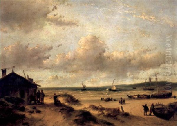 Many Figures And Horses Pulling A Boat On The Beach - view 1