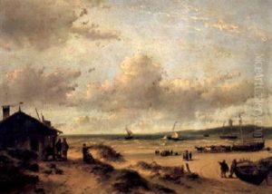 Many Figures And Horses Pulling A Boat On The Beach by Andreas Schelfhout