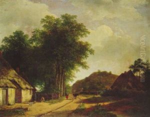 A Summerlandscape With A Peasantwoman And A Donkey On A     Sandy Path Along A Farm