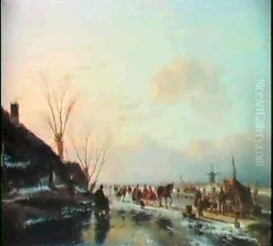 Skaters By A Booth On A Frozenriver by Andreas Schelfhout