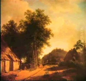 A Summerlandscape With Figuresby A Farmhouse by Andreas Schelfhout
