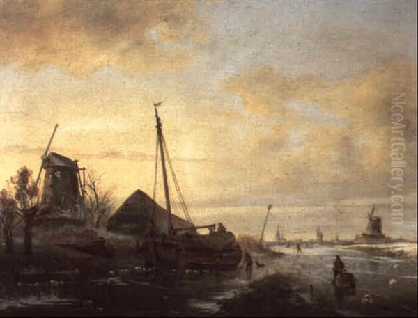 View Of The Vecht In Winter With Skaters In The Distance - view 1