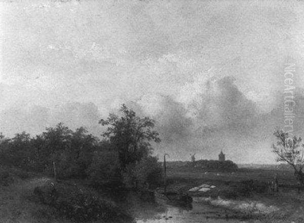 A Summer Landscape With A Peasant Woman On A Tree Trunk Along A Canal, A Bleech Field Nearby - view 1