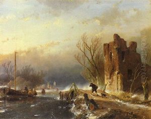 A Winter Landscape With A Traveller On A Path Along A Frozen River By A Ruin by Andreas Schelfhout