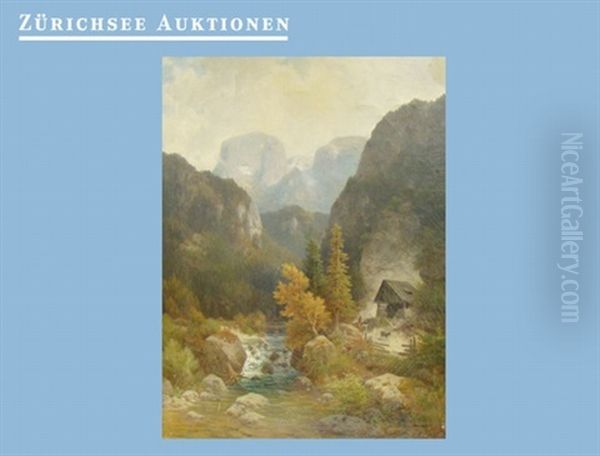 Schlucht Mit Bergbach Und Figuren Vor Hutte - view 1