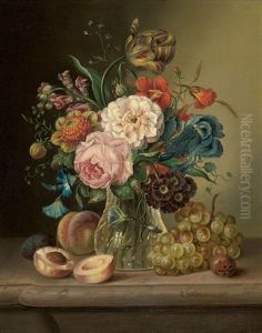 Irises, Tulips, Peonies, And Roses In A Vase On A Ledge With Fruit