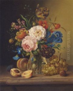 A Vase Of Mixed Flowers On A Marble Ledge Surrounded By Peaches, Grapes And Plums