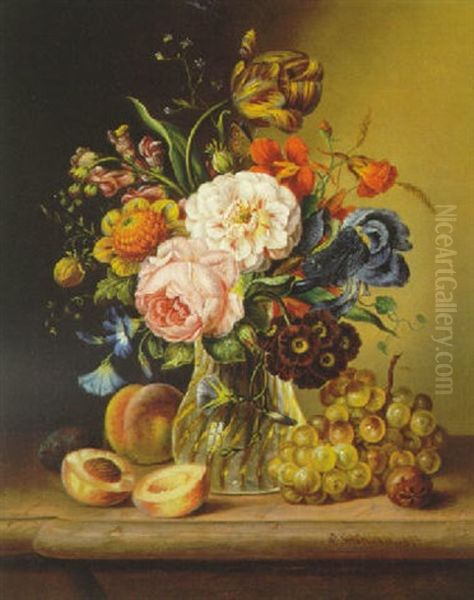 Floral Still Life On A Ledge With Peaches And Grapes - view 1