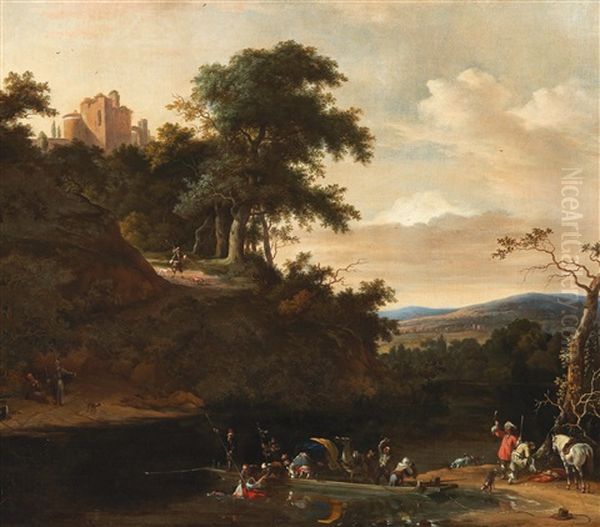 A River Landscape With A Ferryboat And An Elevated Castle - view 1