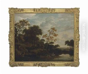 A Wooded River Landscape, With An Elegantly Dressed Man On Horseback And Drovers And Their Cattle Crossing The Water In A Ferryboat