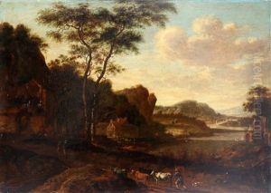 Italianiserend Landschap Met Een Boer En Zijn Vee Op Een Landweg Bij Een Rivier
