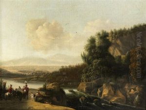 An Extensive River Landscape With Figures Before A Waterfall by Willem Schellinks