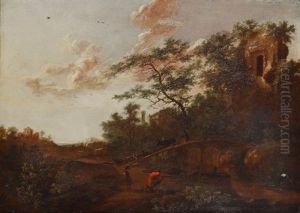 A Wooded River Landscape With A Sportsman Shooting A Heron And A Drover With Cattle And Goats On A Bridge A Wooded River Landscape With A Sportsman Shooting A Heron And A Drover With Cattle And Goats On A Bridge