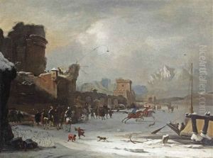 A Winter Landscape With Horsemen Racing And Other Figures On The Frozen Tiber Near The Ponte Molle, Rome by Willem Schellinks