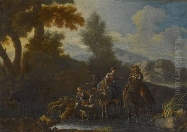 Bauernpaar Zu Pferd Mit Hirten, Schafen Und Einer Ziege - view 1