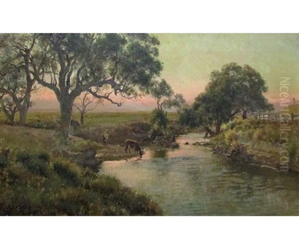 Australian River Landscape With Cattle Watering - view 1