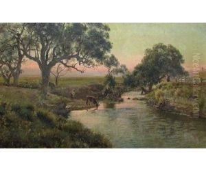 Australian River Landscape With Cattle Watering by Jan Hendrik Scheltema