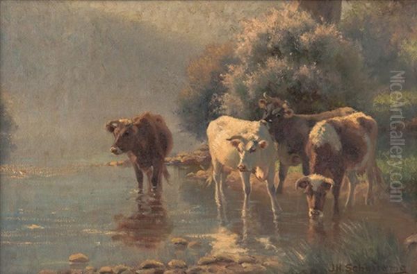 Cattle In A Shallow Creek - view 1