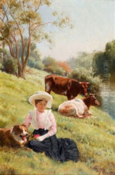 Girl With Dog And Cattle On Riverbank - view 1