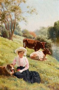 Girl With Dog And Cattle On Riverbank by Jan Hendrik Scheltema