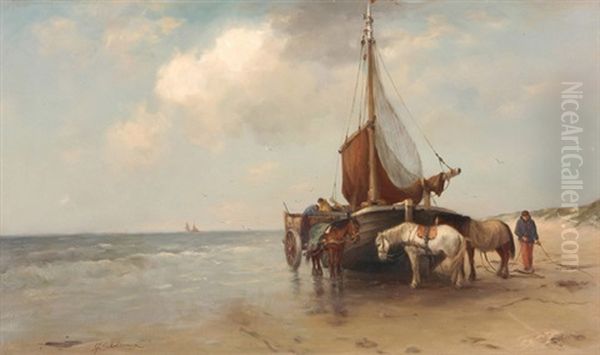 Kustenlandschaft Mit Segelboot, Fischern Und Pferden - view 1