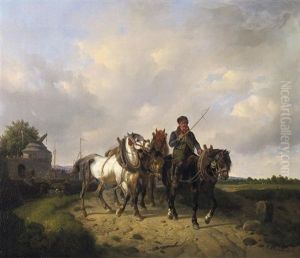 Treidler Mit Seinen Pferden Am Flusufer by August Franz Schelver