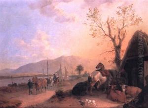 Figures With Horses And Cattle On A Tow Path by August Franz Schelver