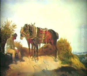 Der Treidler Und Sein Pferdegespann Bei Der Rast by August Franz Schelver